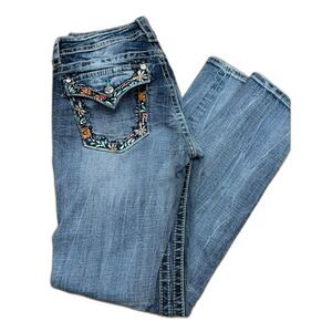 Miss Me Jeans Women's Size 30 Blue Embellished Floral Button Flap Pockets Skinny